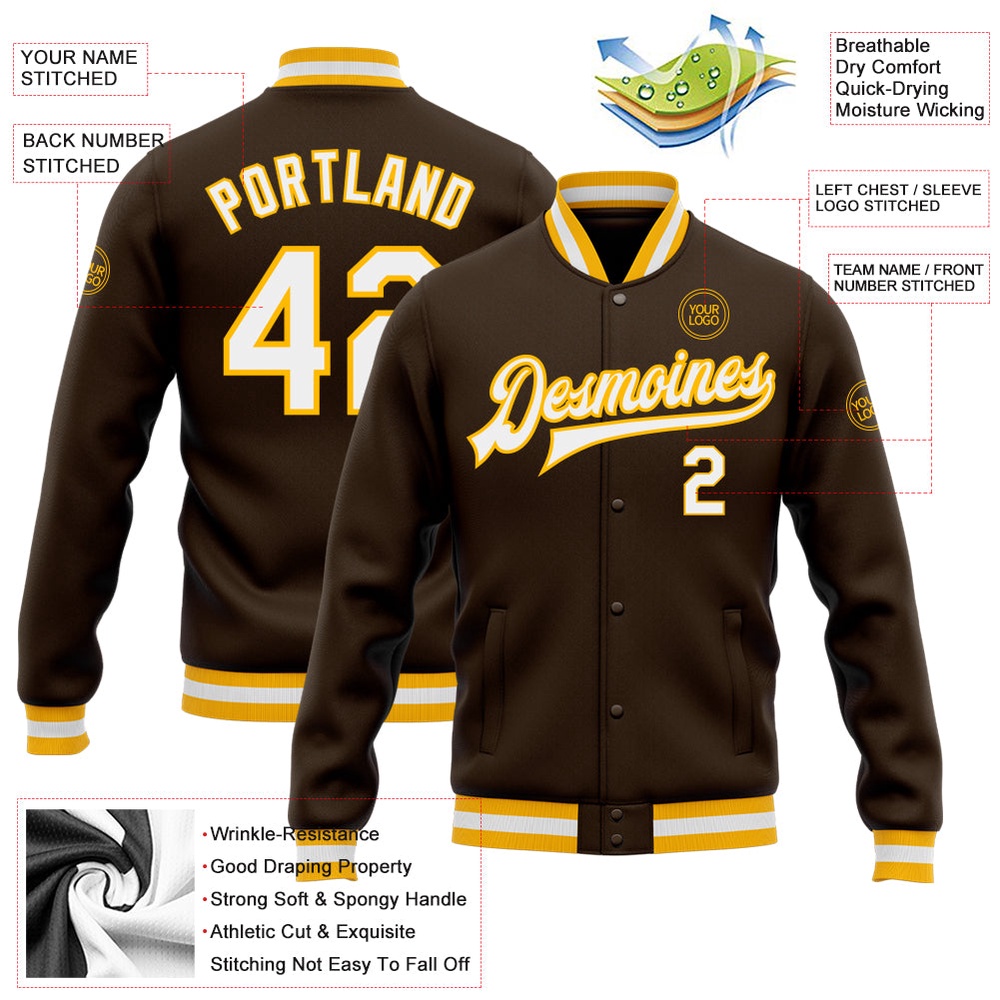 Custom Brown White Gold Bomber Full Snap Baseball Jacket, Custom Team Jacket