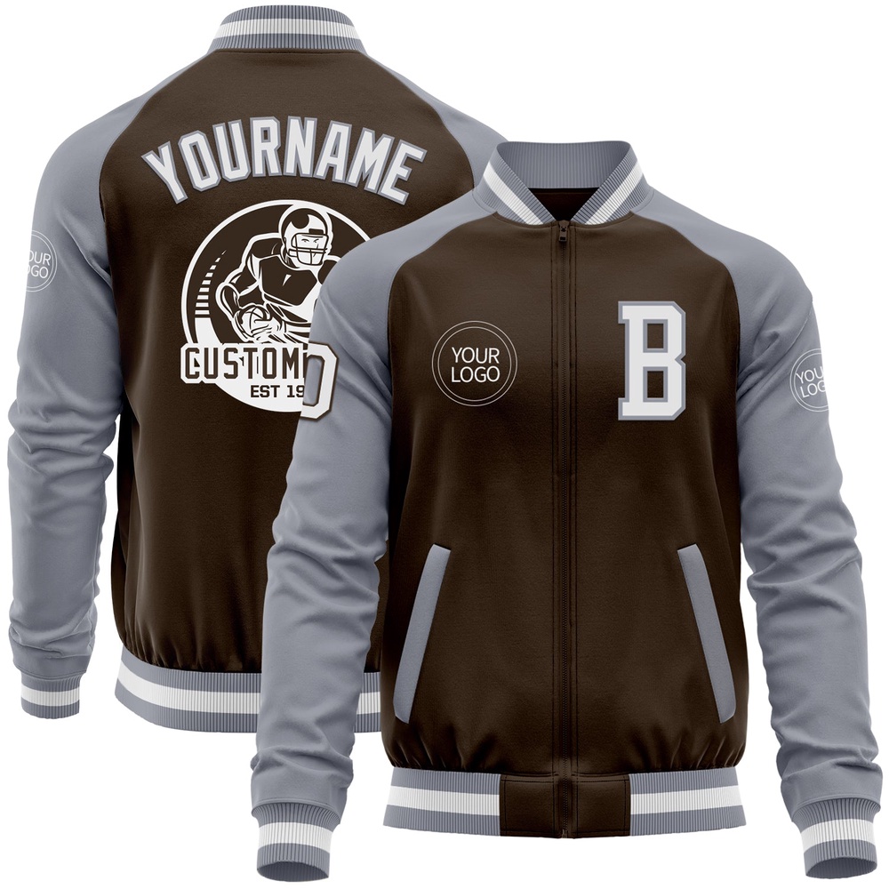 Custom Brown White Gray Bomber Varsity Baseball Jacket, Custom Team Jacket