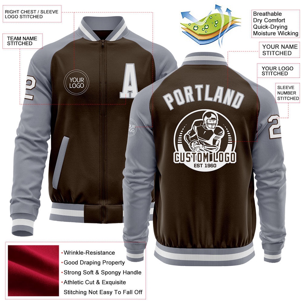 Custom Brown White Gray Bomber Varsity Baseball Jacket, Custom Team Jacket