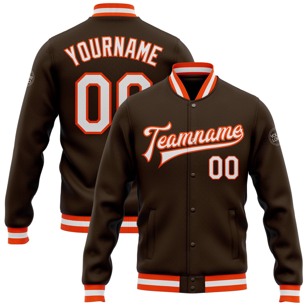 Custom Brown White Orange Bomber Full Snap Baseball Jacket, Custom Team Jacket