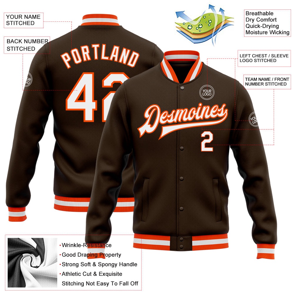 Custom Brown White Orange Bomber Full Snap Baseball Jacket, Custom Team Jacket