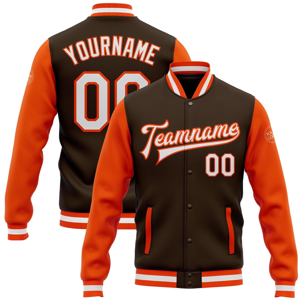 Custom Brown White Orange Bomber Full Snap Varsity Baseball Jacket, Custom Team Jacket