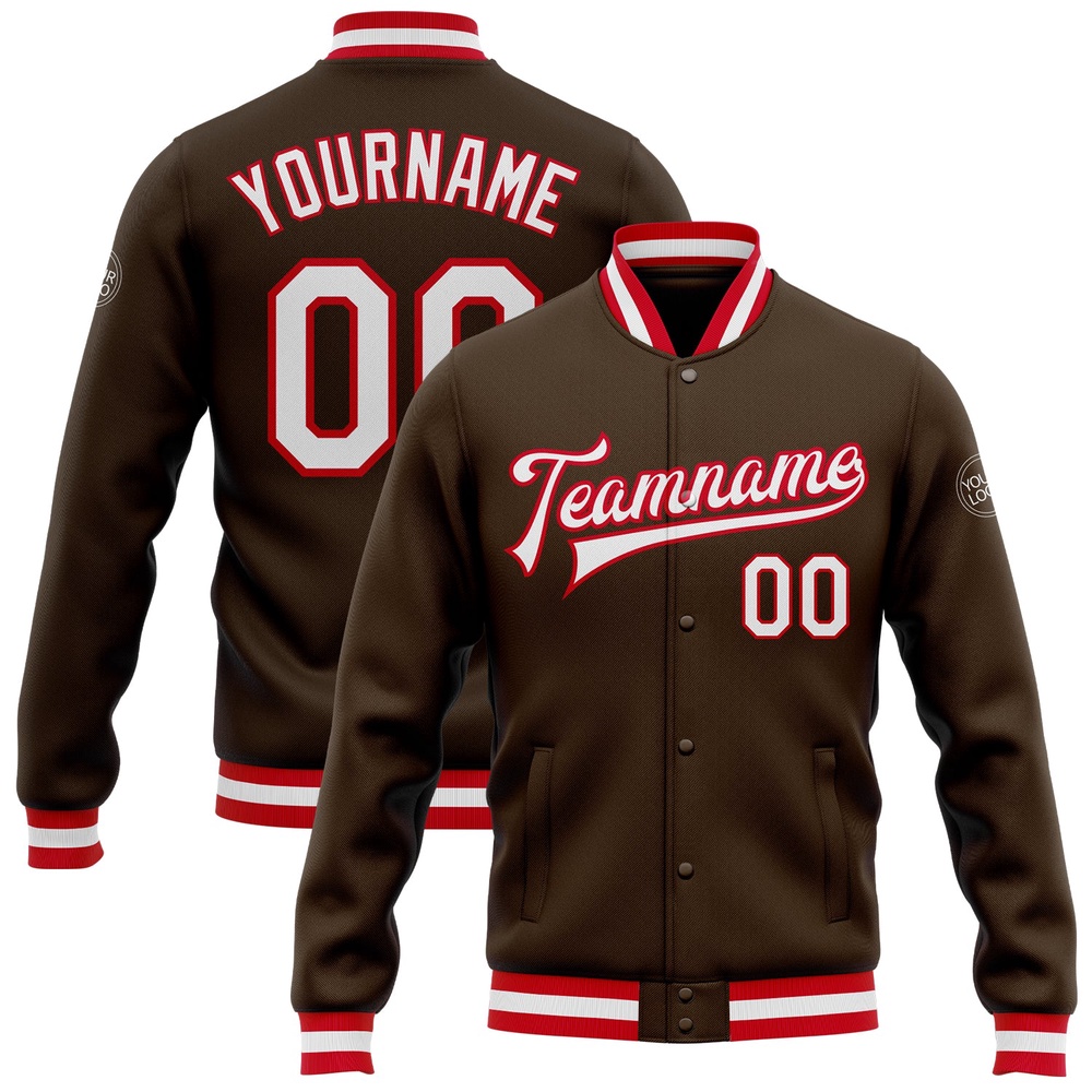 Custom Brown White Red Bomber Full Snap Baseball Jacket, Custom Team Jacket