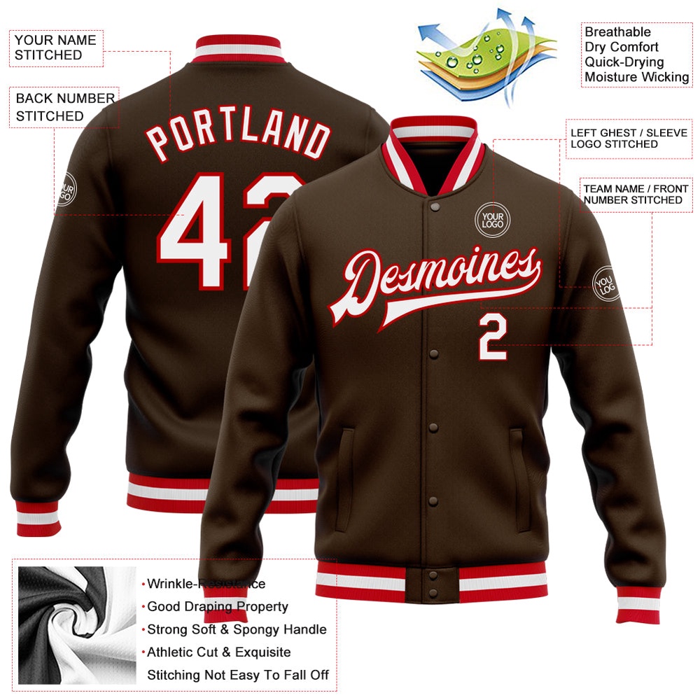 Custom Brown White Red Bomber Full Snap Baseball Jacket, Custom Team Jacket