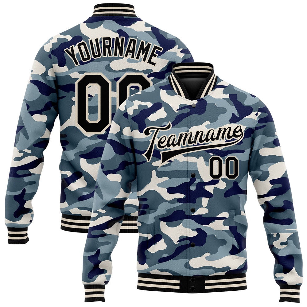 Custom Camo Black Cream Ocean Camouflage 3D Bomber Full Snap Varsity Letterman Salute To Service Jacket, Custom Team Jacket Custom Camo Black Cream Ocean Camouflage 3D Bomber Full Snap Varsity Letterman Salute To Service Jacket, Custom Team Jacket