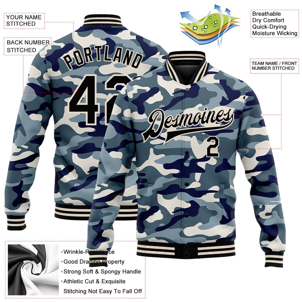Custom Camo Black Cream Ocean Camouflage 3D Bomber Full Snap Varsity Letterman Salute To Service Jacket, Custom Team Jacket Custom Camo Black Cream Ocean Camouflage 3D Bomber Full Snap Varsity Letterman Salute To Service Jacket, Custom Team Jacket