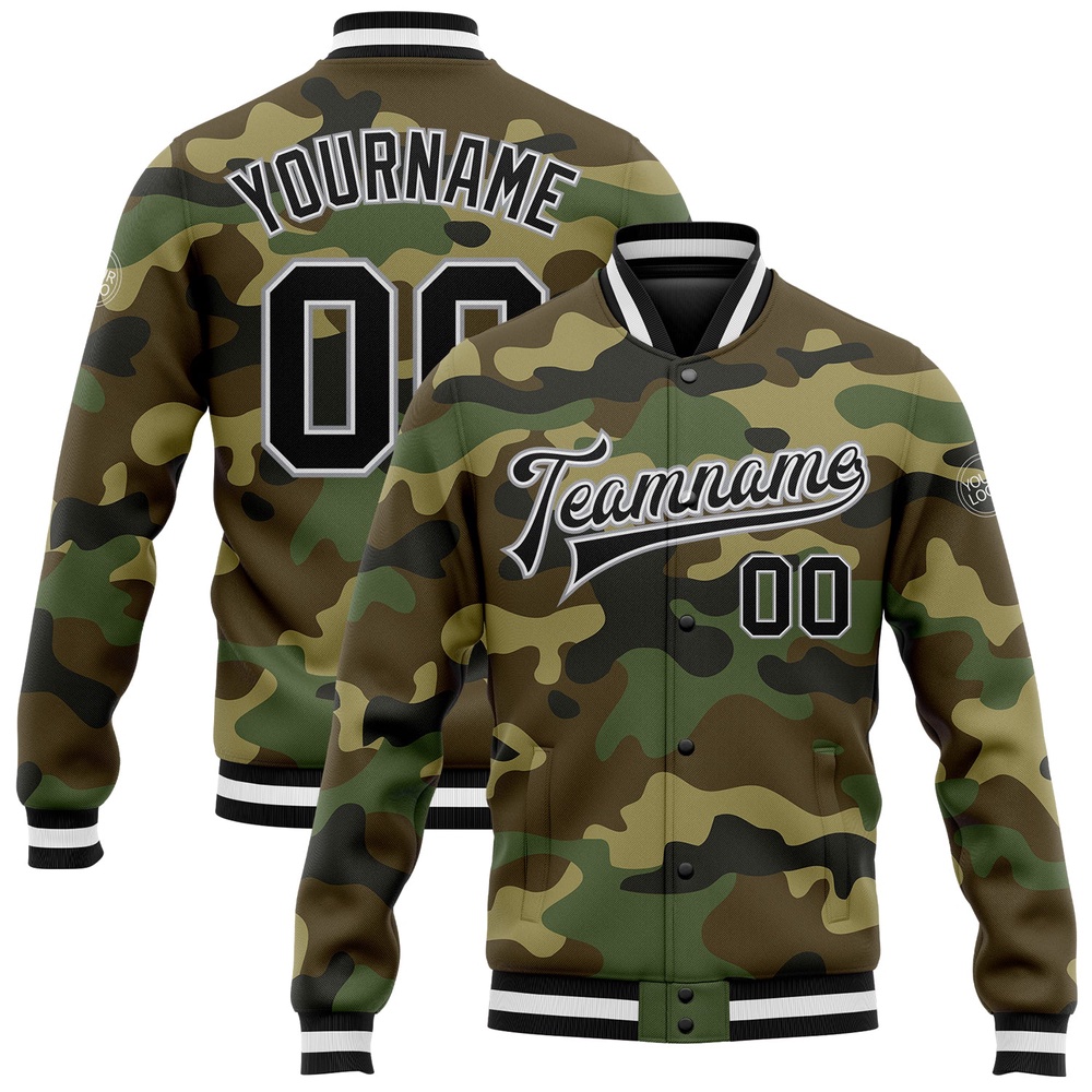 Custom Camo Black Gray Bomber Full Snap Varsity Letterman Salute To Service Jacket, Custom Team Jacket