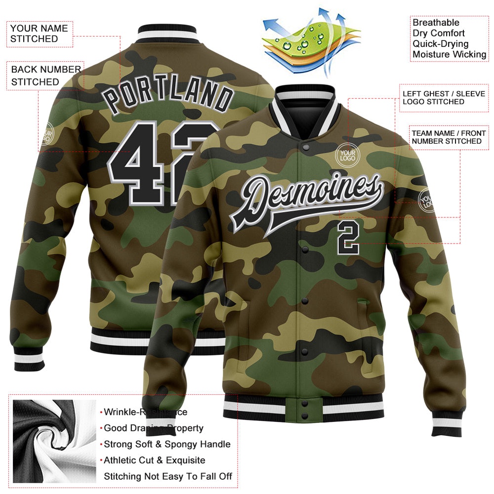 Custom Camo Black Gray Bomber Full Snap Varsity Letterman Salute To Service Jacket, Custom Team Jacket