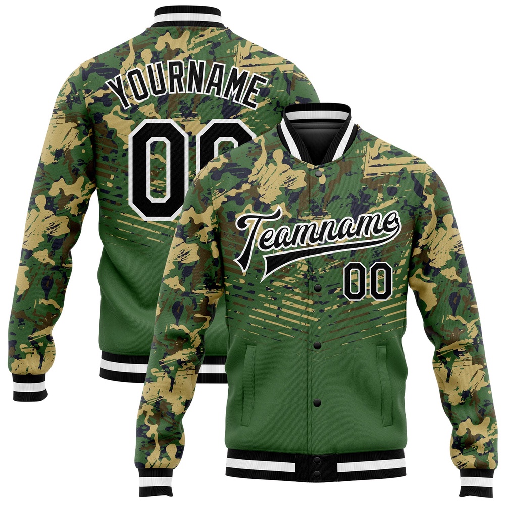 Custom Camo Black Kelly Green 3D Bomber Full Snap Varsity Letterman Salute To Service Jacket, Custom Team Jacket