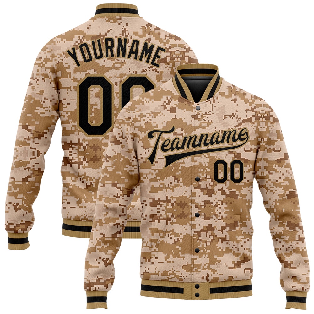 Custom Camo Black Old Gold 3D Bomber Full Snap Varsity Letterman Salute To Service Jacket, Custom Team Jacket