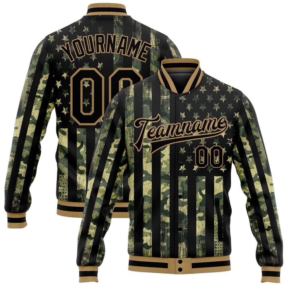 Custom Camo Black Old Gold American Flag Fashion 3D Bomber Full Snap Varsity Letterman Salute To Service Jacket, Custom Team Jacket
