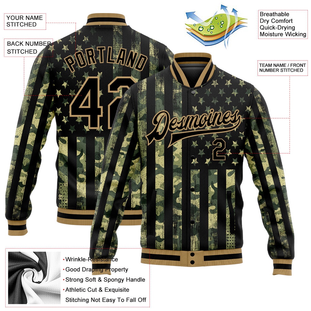 Custom Camo Black Old Gold American Flag Fashion 3D Bomber Full Snap Varsity Letterman Salute To Service Jacket, Custom Team Jacket