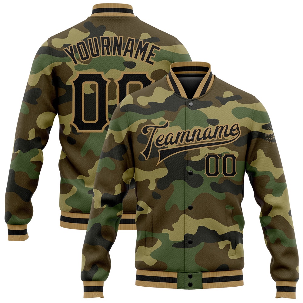 Custom Camo Black Old Gold Bomber Full Snap Varsity Letterman Salute To Service Jacket, Custom Team Jacket