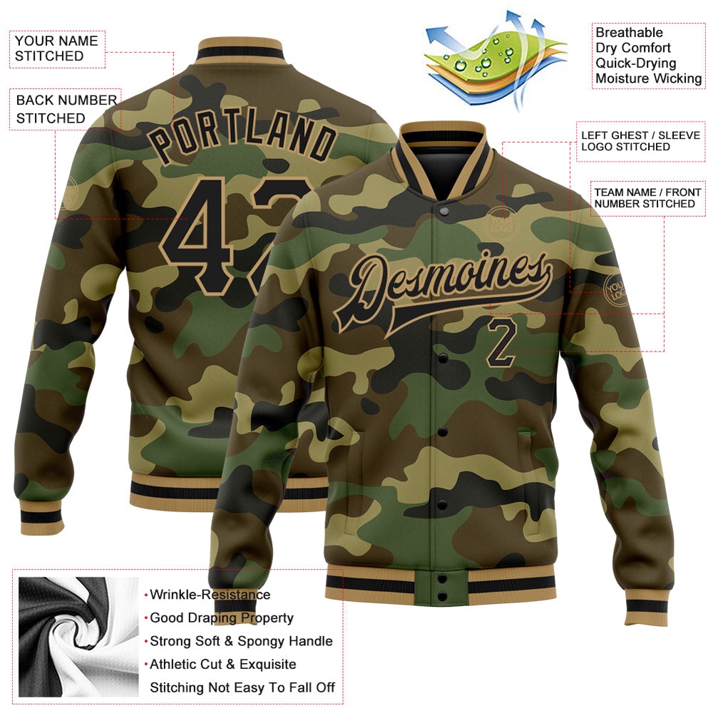 Custom Camo Black Old Gold Bomber Full Snap Varsity Letterman Salute To Service Jacket, Custom Team Jacket