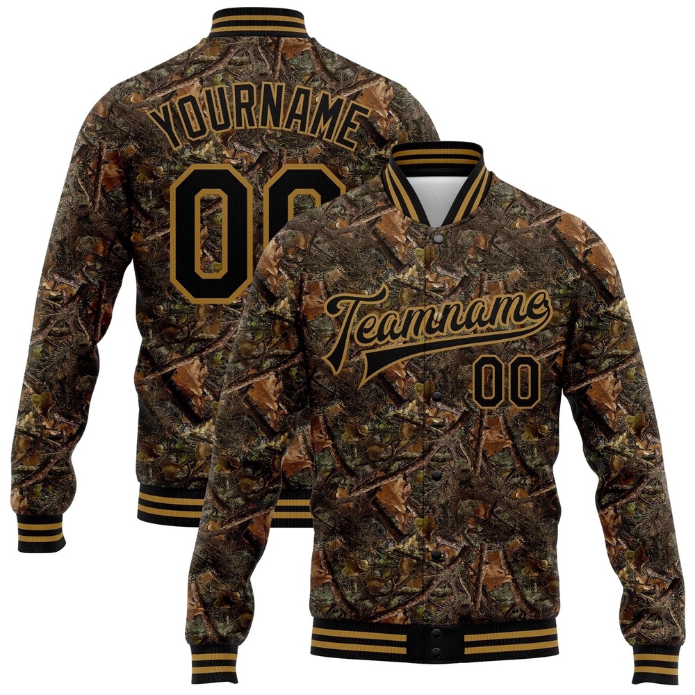 Custom Camo Black Old Gold Realistic Forest Camouflage 3D Bomber Full Snap Varsity Letterman Salute To Service Jacket, Custom Team Jacket