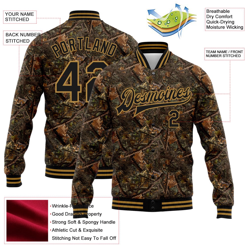 Custom Camo Black Old Gold Realistic Forest Camouflage 3D Bomber Full Snap Varsity Letterman Salute To Service Jacket, Custom Team Jacket