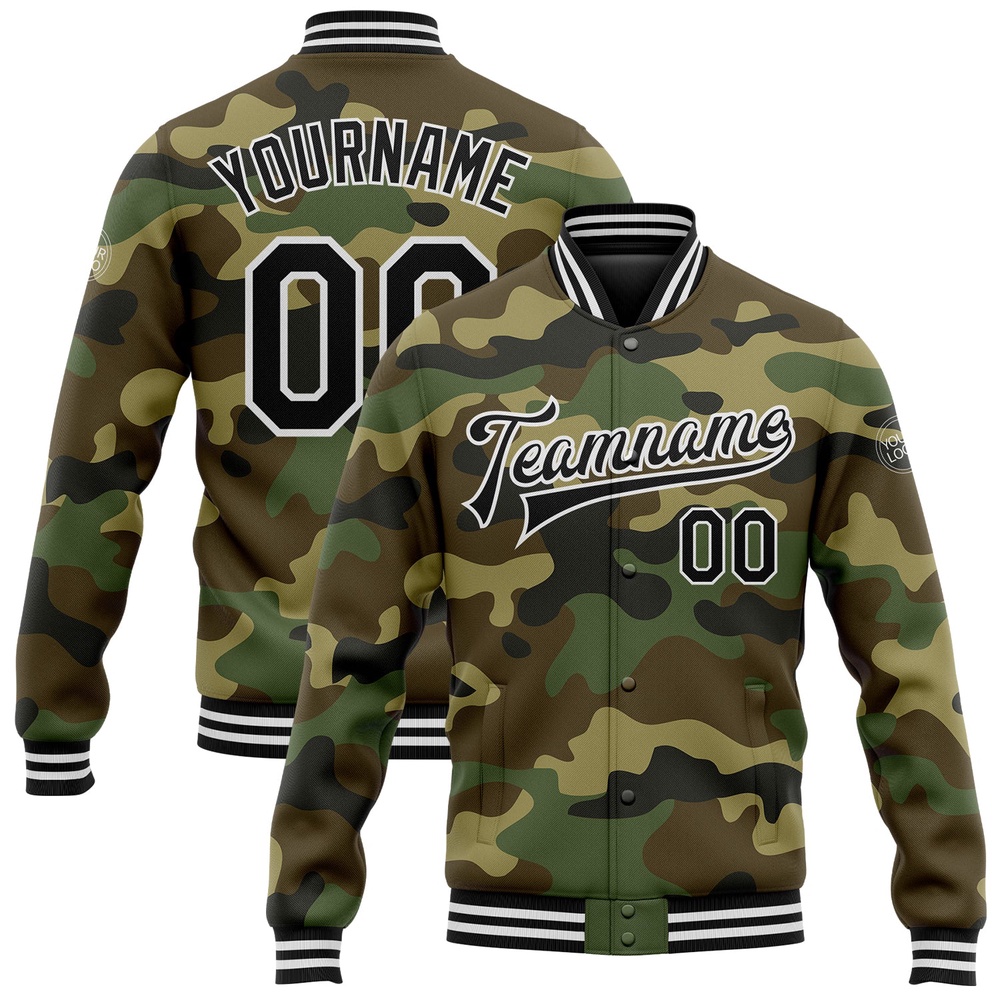 Custom Camo Black White Bomber Full Snap Varsity Letterman Salute To Service Jacket, Custom Team Jacket