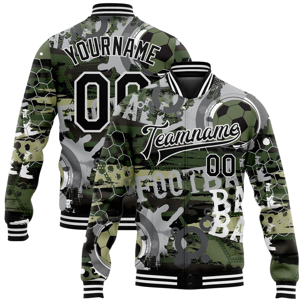 Custom Camo Black White Football 3D Pattern Design Bomber Full Snap Varsity Letterman Salute To Service Jacket, Custom Team Jacket