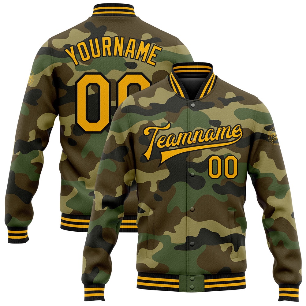 Custom Camo Gold Black Bomber Full Snap Varsity Letterman Salute To Service Jacket, Custom Team Jacket