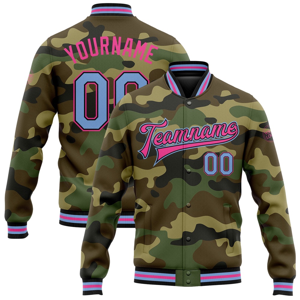 Custom Camo Light Blue Black Pink Bomber Full Snap Varsity Letterman Salute To Service Jacket, Custom Team Jacket