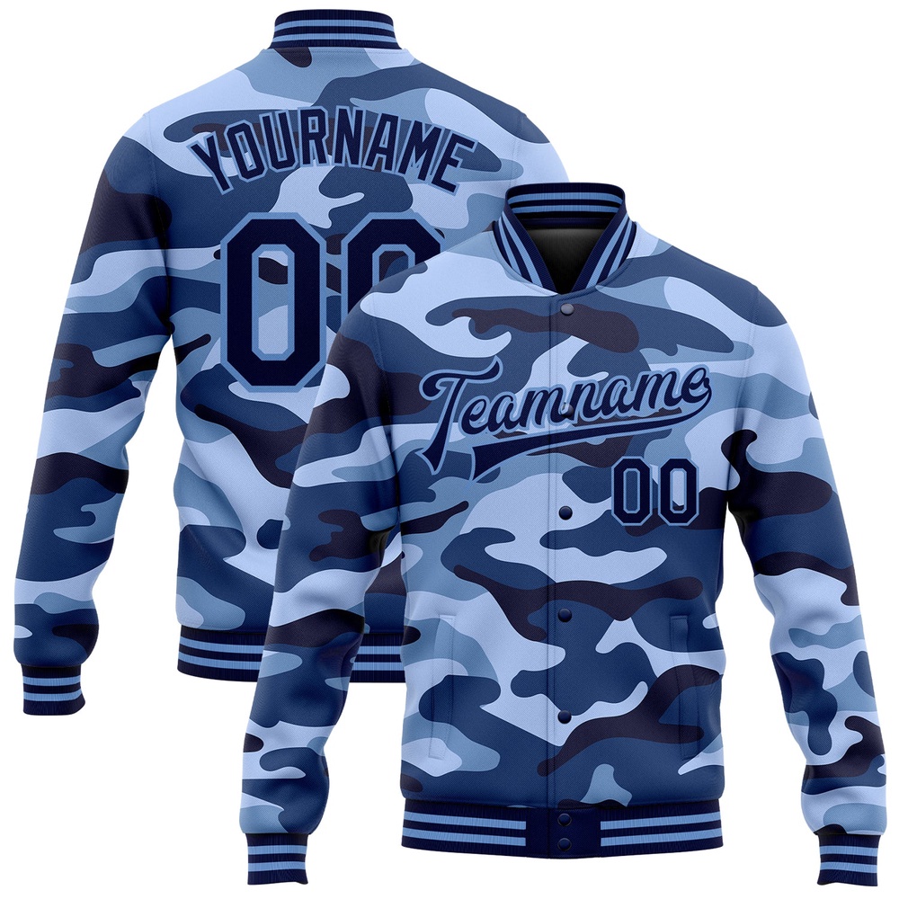 Custom Camo Navy Light Blue Ocean Camouflage 3D Bomber Full Snap Varsity Letterman Salute To Service Jacket, Custom Team Jacket