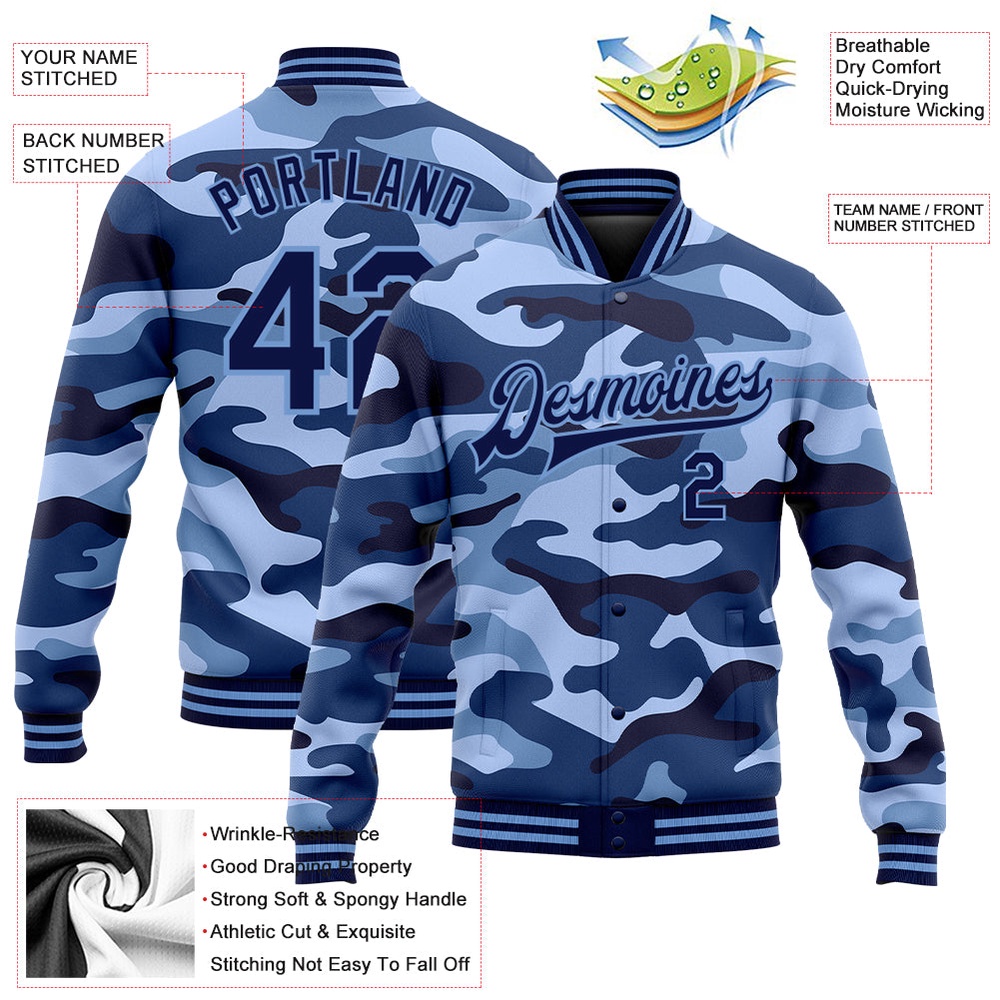 Custom Camo Navy Light Blue Ocean Camouflage 3D Bomber Full Snap Varsity Letterman Salute To Service Jacket, Custom Team Jacket