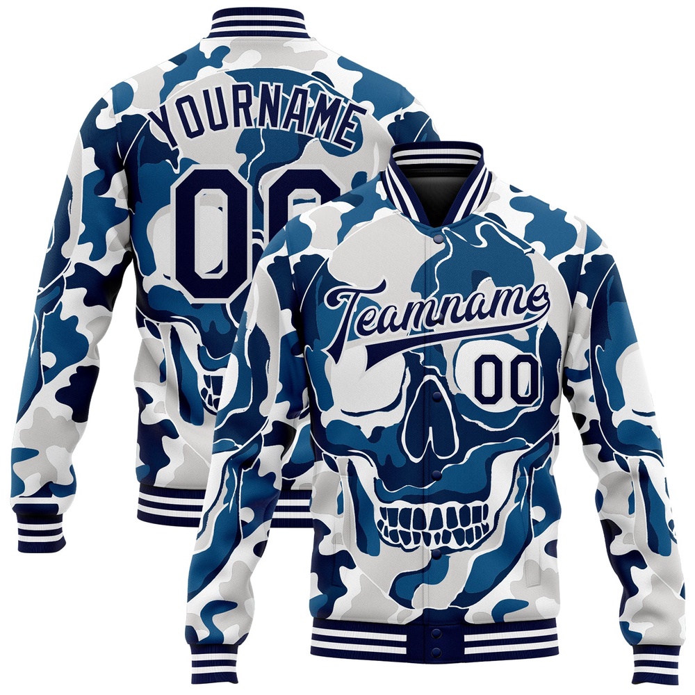Custom Camo Navy White Skull Fashion 3D Bomber Full Snap Varsity Letterman Salute To Service Jacket, Custom Team Jacket