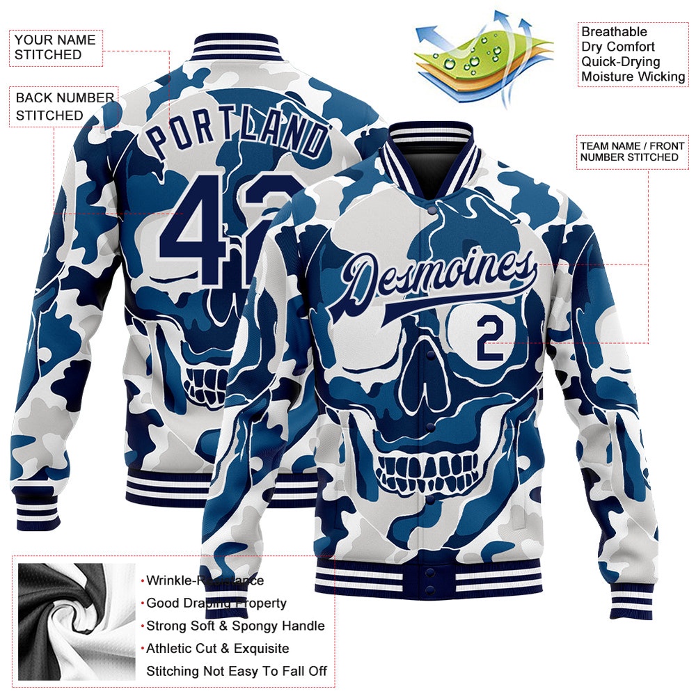 Custom Camo Navy White Skull Fashion 3D Bomber Full Snap Varsity Letterman Salute To Service Jacket, Custom Team Jacket