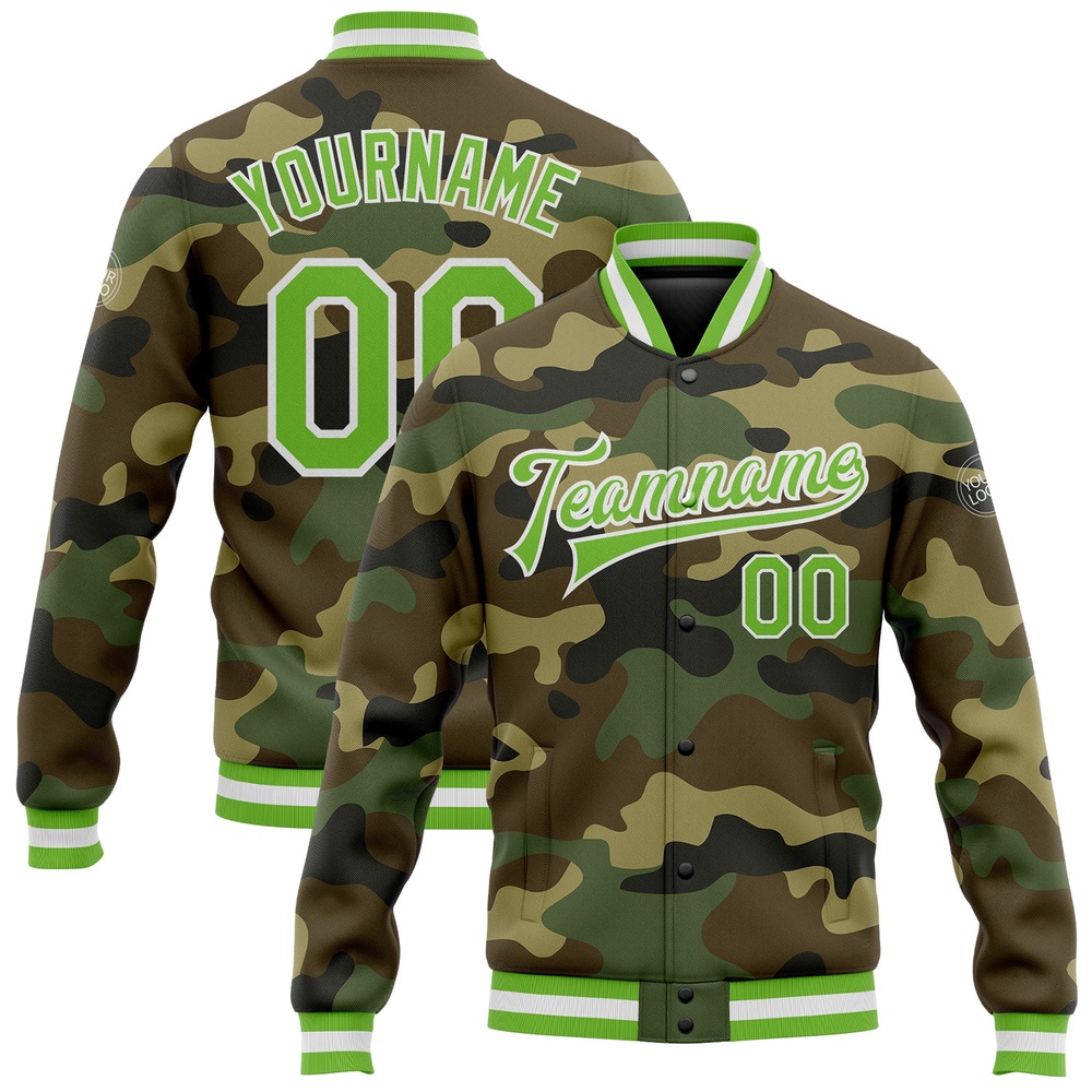 Custom Camo Neon Green White Bomber Full Snap Varsity Letterman Salute To Service Jacket, Custom Team Jacket