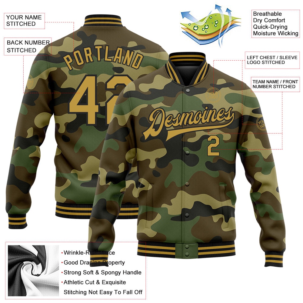 Custom Camo Old Gold Black Bomber Full Snap Varsity Letterman Salute To Service Jacket, Custom Team Jacket Custom Camo Old Gold Black Bomber Full Snap Varsity Letterman Salute To Service Jacket, Custom Team Jacket