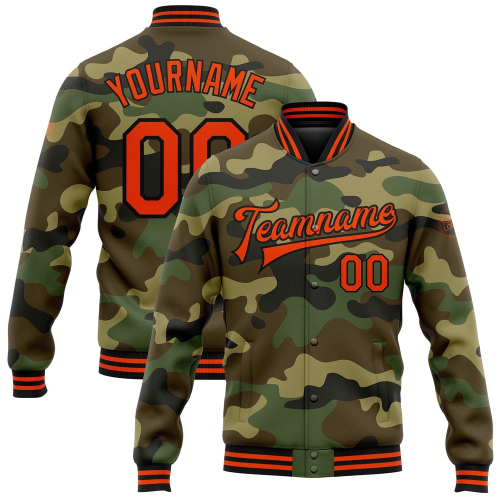 Custom Camo Orange Black Bomber Full Snap Varsity Letterman Salute To Service Jacket, Custom Team Jacket