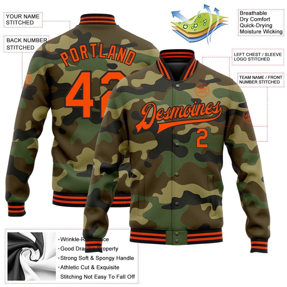 Custom Camo Orange Black Bomber Full Snap Varsity Letterman Salute To Service Jacket, Custom Team Jacket