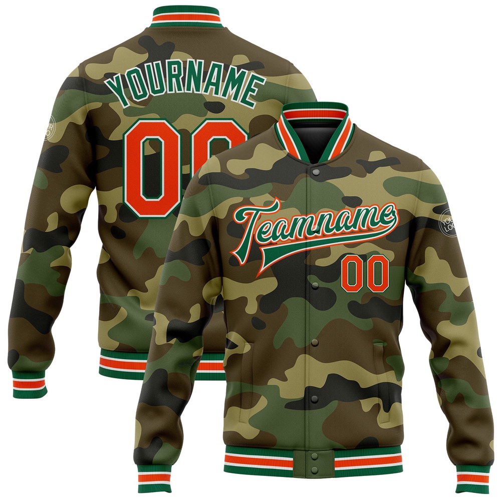 Custom Camo Orange Kelly Green Bomber Full Snap Varsity Letterman Salute To Service Jacket, Custom Team Jacket