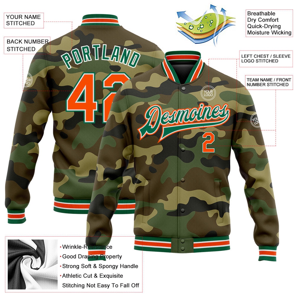 Custom Camo Orange Kelly Green Bomber Full Snap Varsity Letterman Salute To Service Jacket, Custom Team Jacket