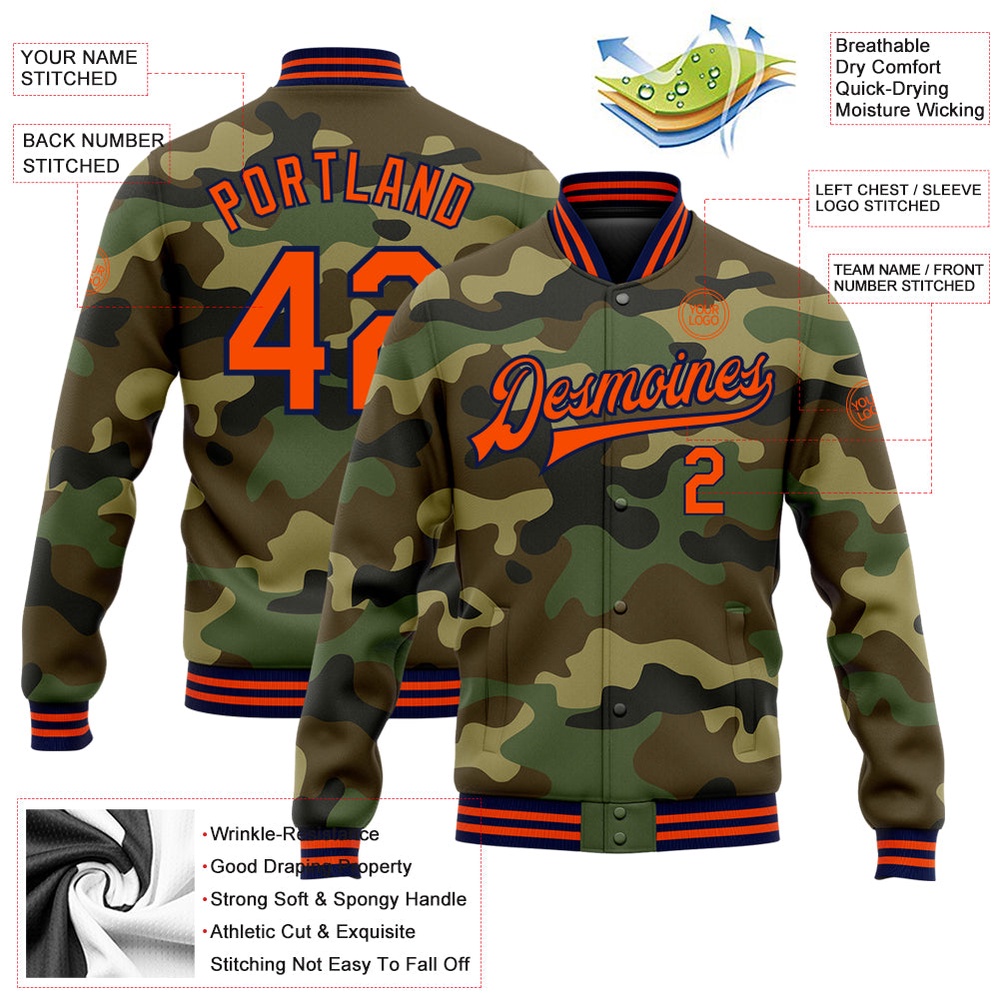 Custom Camo Orange Navy Bomber Full Snap Varsity Letterman Salute To Service Jacket, Custom Team Jacket