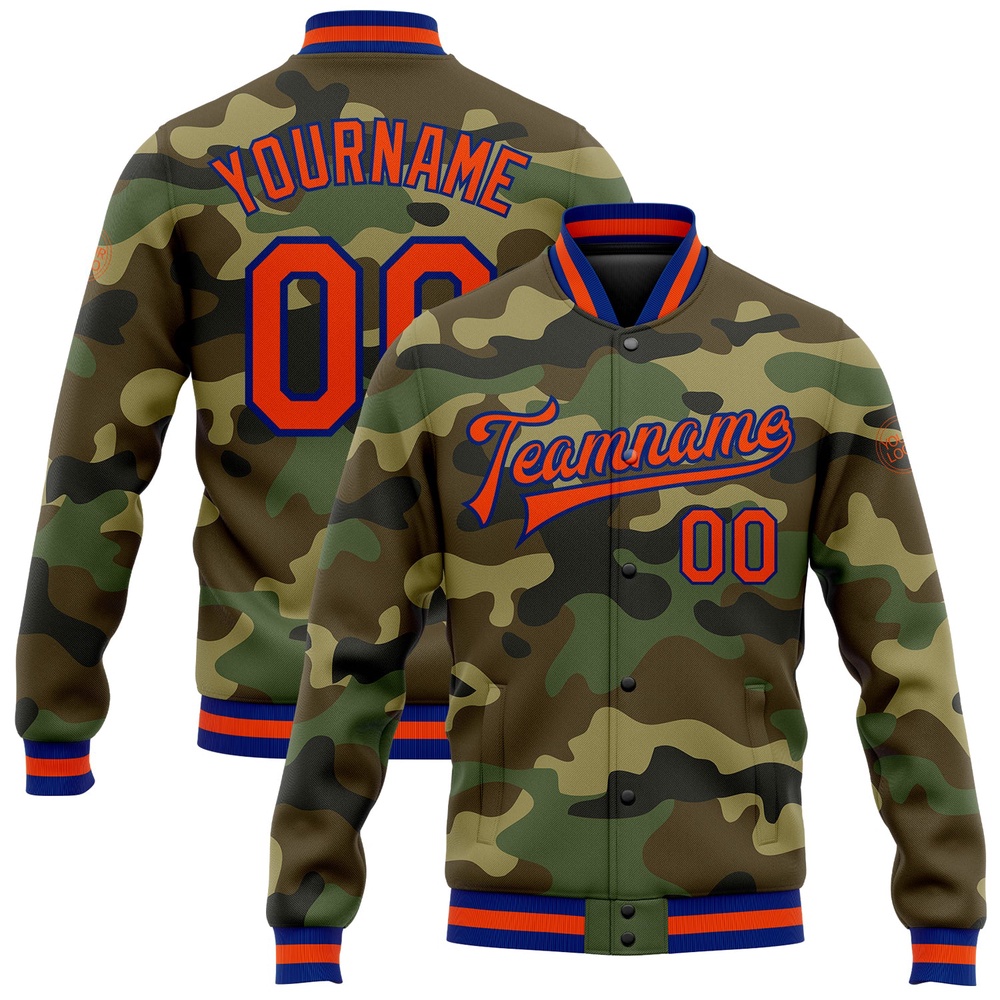 Custom Camo Orange Royal Bomber Full Snap Varsity Letterman Salute To Service Jacket, Custom Team Jacket