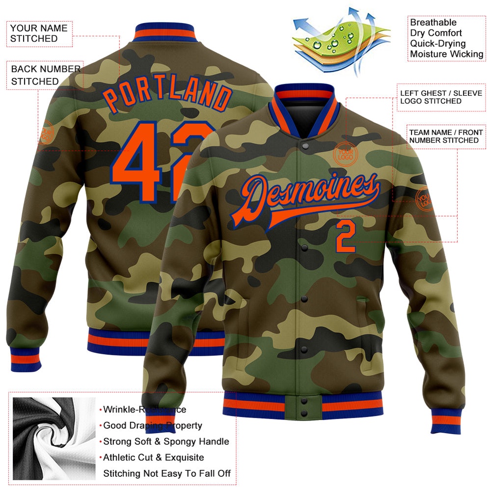 Custom Camo Orange Royal Bomber Full Snap Varsity Letterman Salute To Service Jacket, Custom Team Jacket