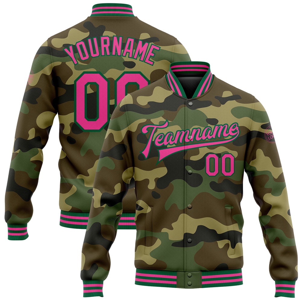 Custom Camo Pink Kelly Green Bomber Full Snap Varsity Letterman Salute To Service Jacket, Custom Team Jacket