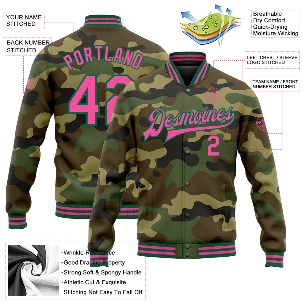 Custom Camo Pink Kelly Green Bomber Full Snap Varsity Letterman Salute To Service Jacket, Custom Team Jacket