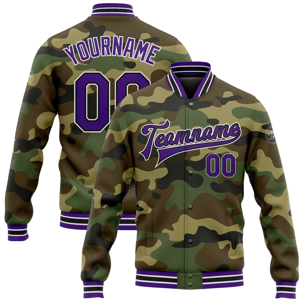 Custom Camo Purple Black Bomber Full Snap Varsity Letterman Salute To Service Jacket, Custom Team Jacket Custom Camo Purple Black Bomber Full Snap Varsity Letterman Salute To Service Jacket, Custom Team Jacket
