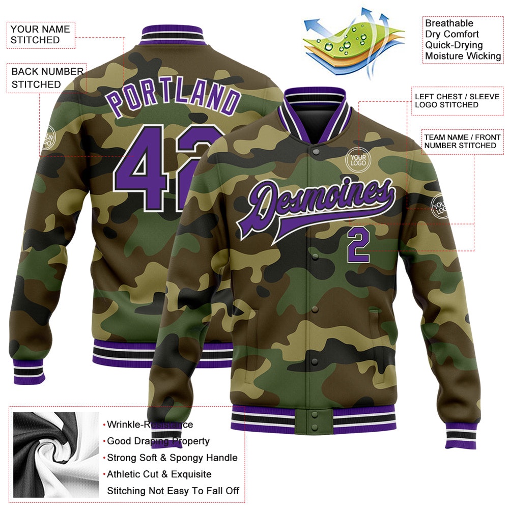 Custom Camo Purple Black Bomber Full Snap Varsity Letterman Salute To Service Jacket, Custom Team Jacket Custom Camo Purple Black Bomber Full Snap Varsity Letterman Salute To Service Jacket, Custom Team Jacket