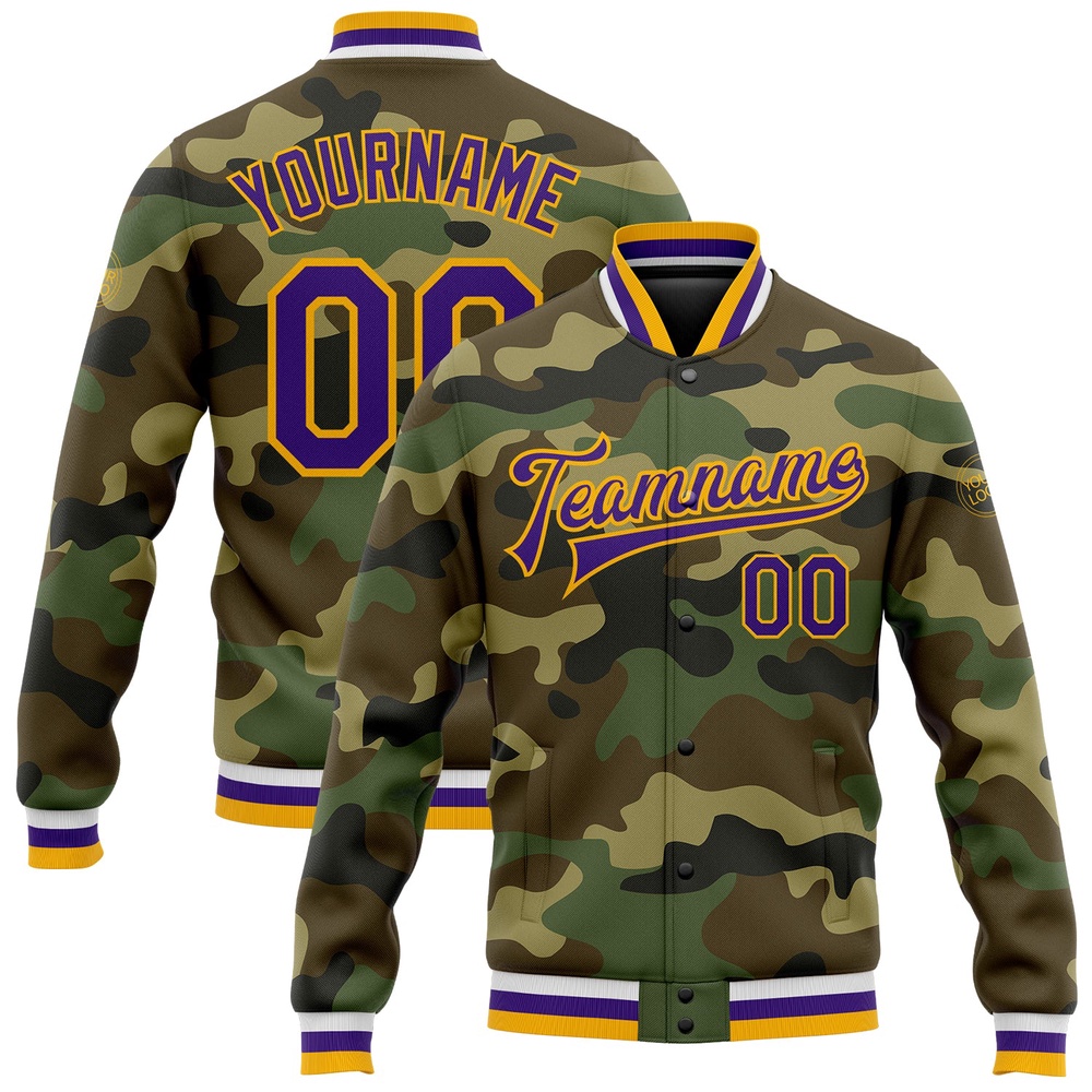 Custom Camo Purple Gold Bomber Full Snap Varsity Letterman Salute To Service Jacket, Custom Team Jacket