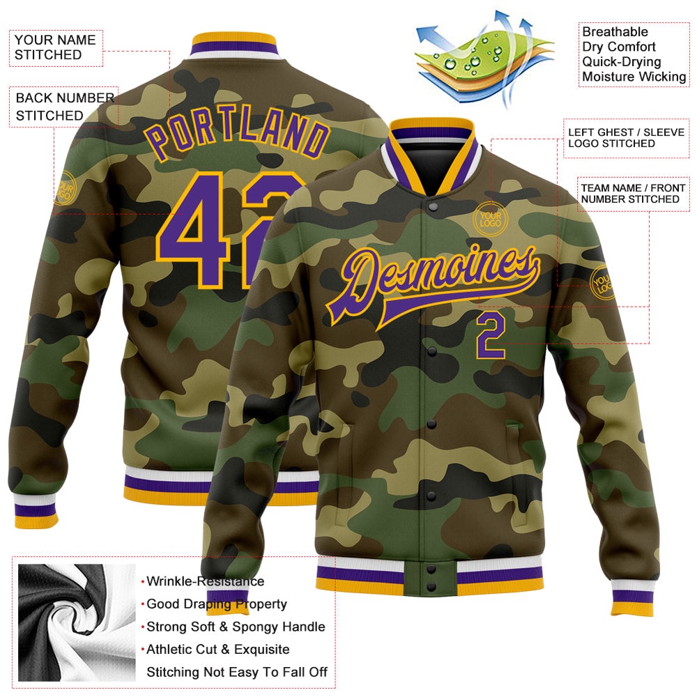 Custom Camo Purple Gold Bomber Full Snap Varsity Letterman Salute To Service Jacket, Custom Team Jacket