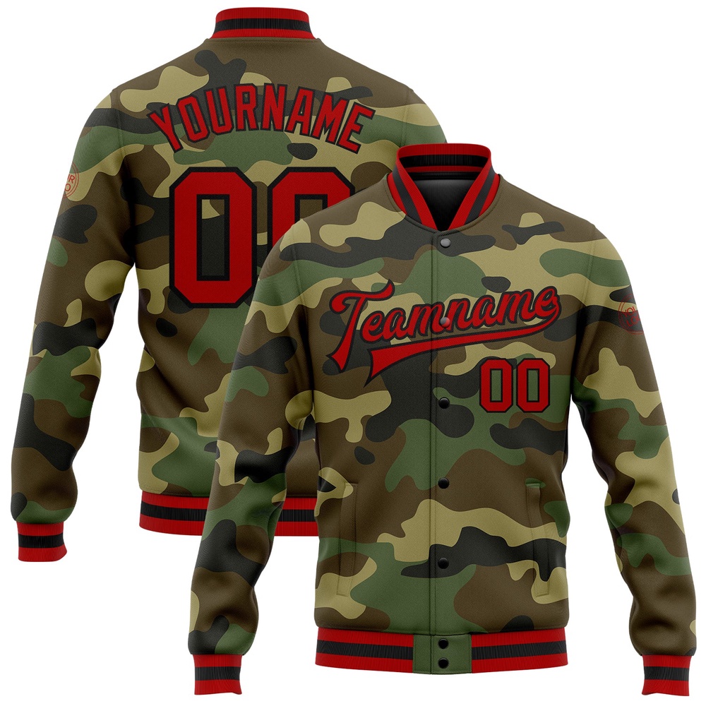 Custom Camo Red Black Bomber Full Snap Varsity Letterman Salute To Service Jacket, Custom Team Jacket