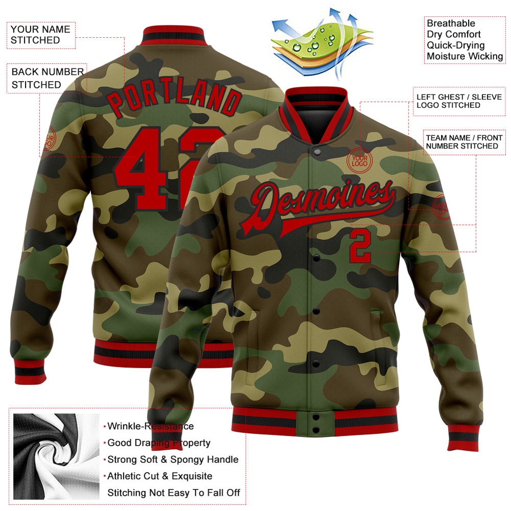 Custom Camo Red Black Bomber Full Snap Varsity Letterman Salute To Service Jacket, Custom Team Jacket