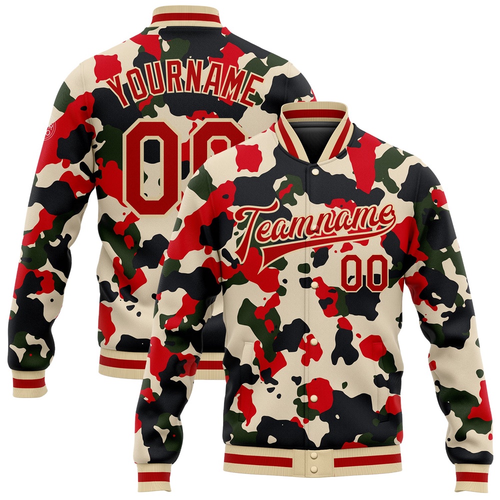 Custom Camo Red Cream 3D Bomber Full Snap Varsity Letterman Salute To Service Jacket, Custom Team Jacket