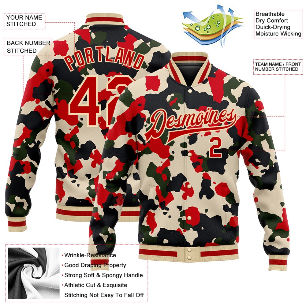 Custom Camo Red Cream 3D Bomber Full Snap Varsity Letterman Salute To Service Jacket, Custom Team Jacket