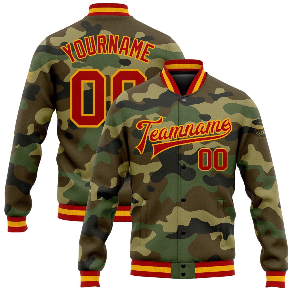 Custom Camo Red Gold Bomber Full Snap Varsity Letterman Salute To Service Jacket, Custom Team Jacket