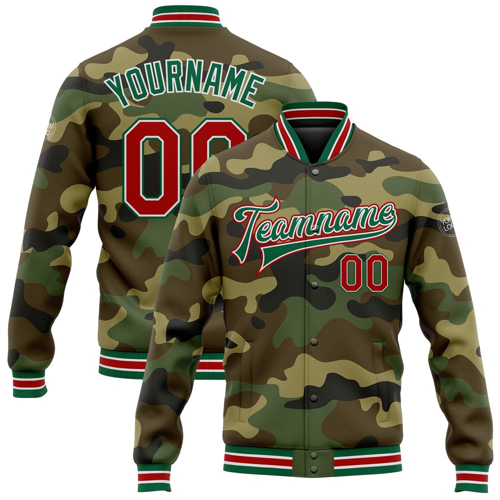Custom Camo Red Kelly Green Bomber Full Snap Varsity Letterman Salute To Service Jacket, Custom Team Jacket Custom Camo Red Kelly Green Bomber Full Snap Varsity Letterman Salute To Service Jacket, Custom Team Jacket