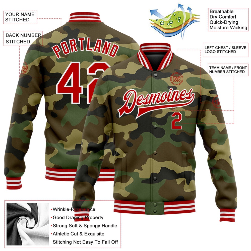 Custom Camo Red White Bomber Full Snap Varsity Letterman Salute To Service Jacket, Custom Team Jacket